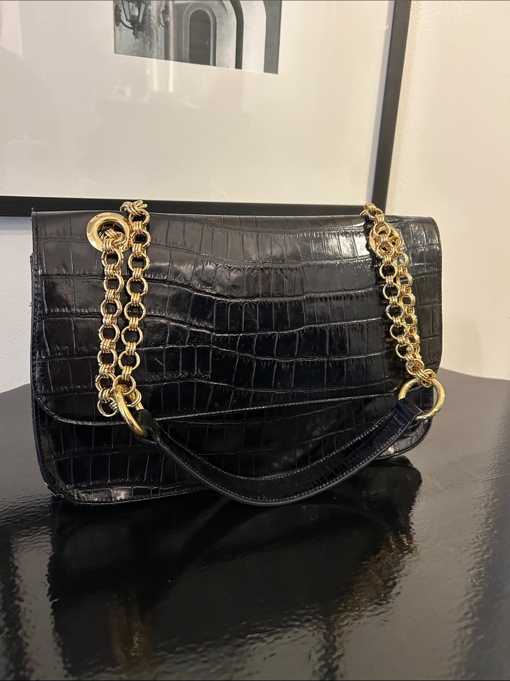 Vintage Bloomingdale's Black Croc-Embossed Patent Leather Handbag